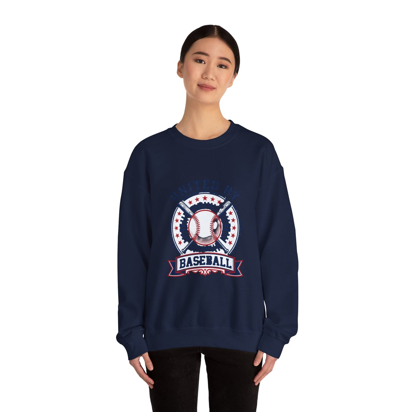 United by Baseball Crewneck Sweatshirt | Patriotic Baseball Graphic, Vintage Red White Blue