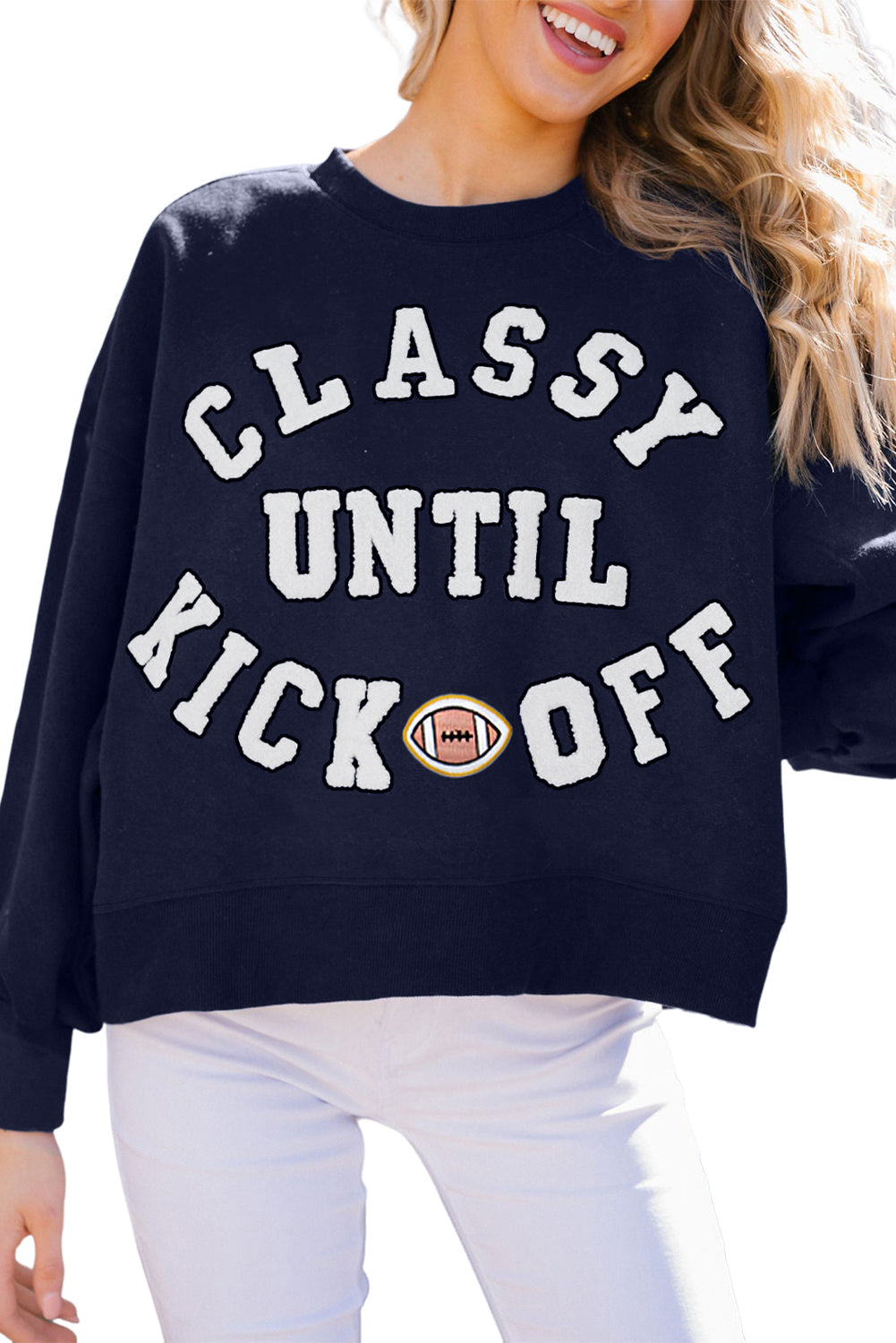 Classy Until Kickoff -- Plush Letter Patch Loose Sweatshirt in Black