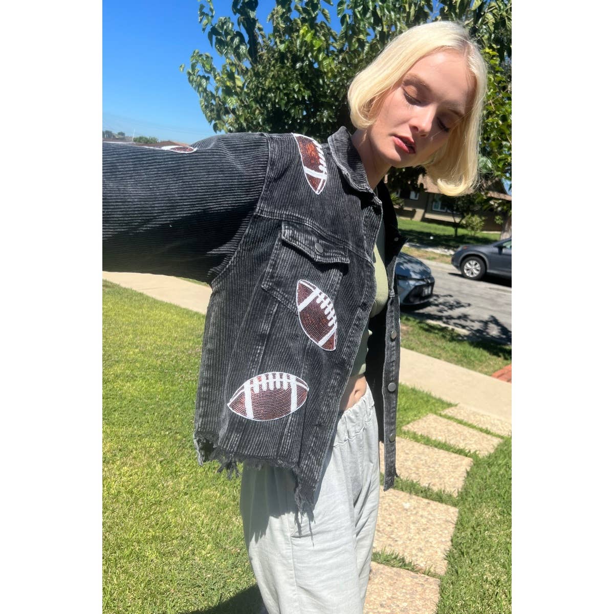 Black sequin football jacket in cotton corduroy, tailgate and bleacher style