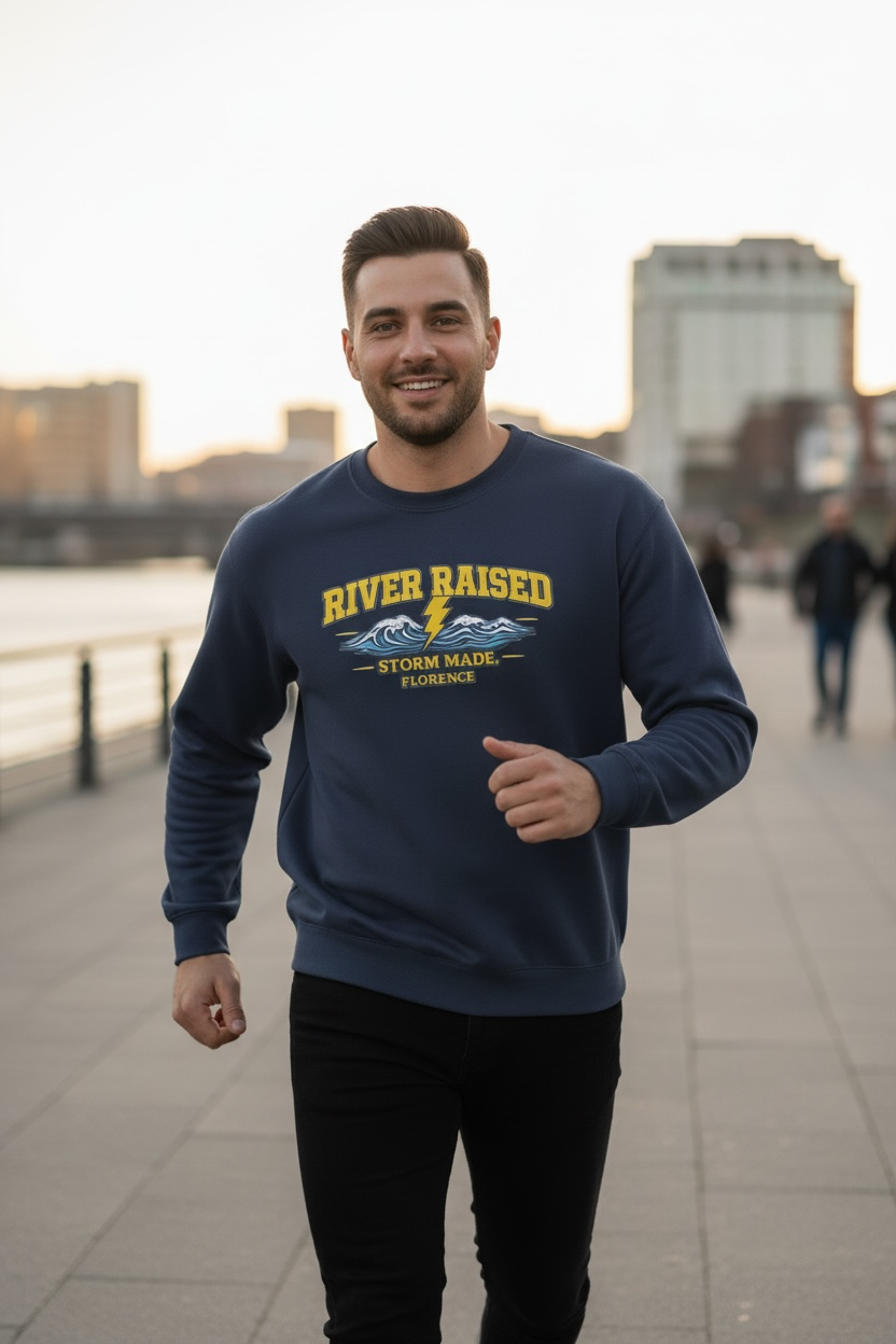 River raised, storm made sweatshirt.