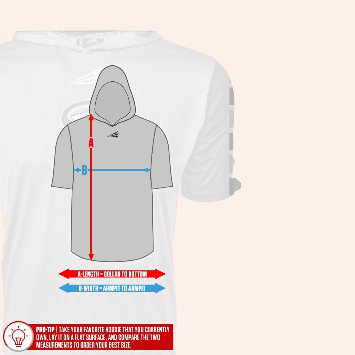 Bleacher Babe white short sleeve baseball hoodie with size chart graphic. HyperMAX fabric.