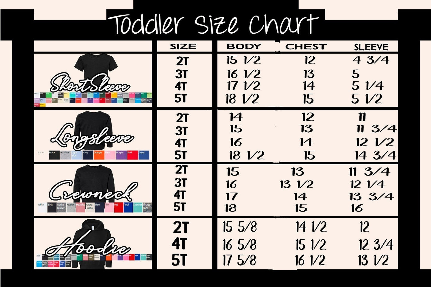 Bleacher Babe Toddler size chart for short sleeve, long sleeve, crewneck, and hoodie styles.