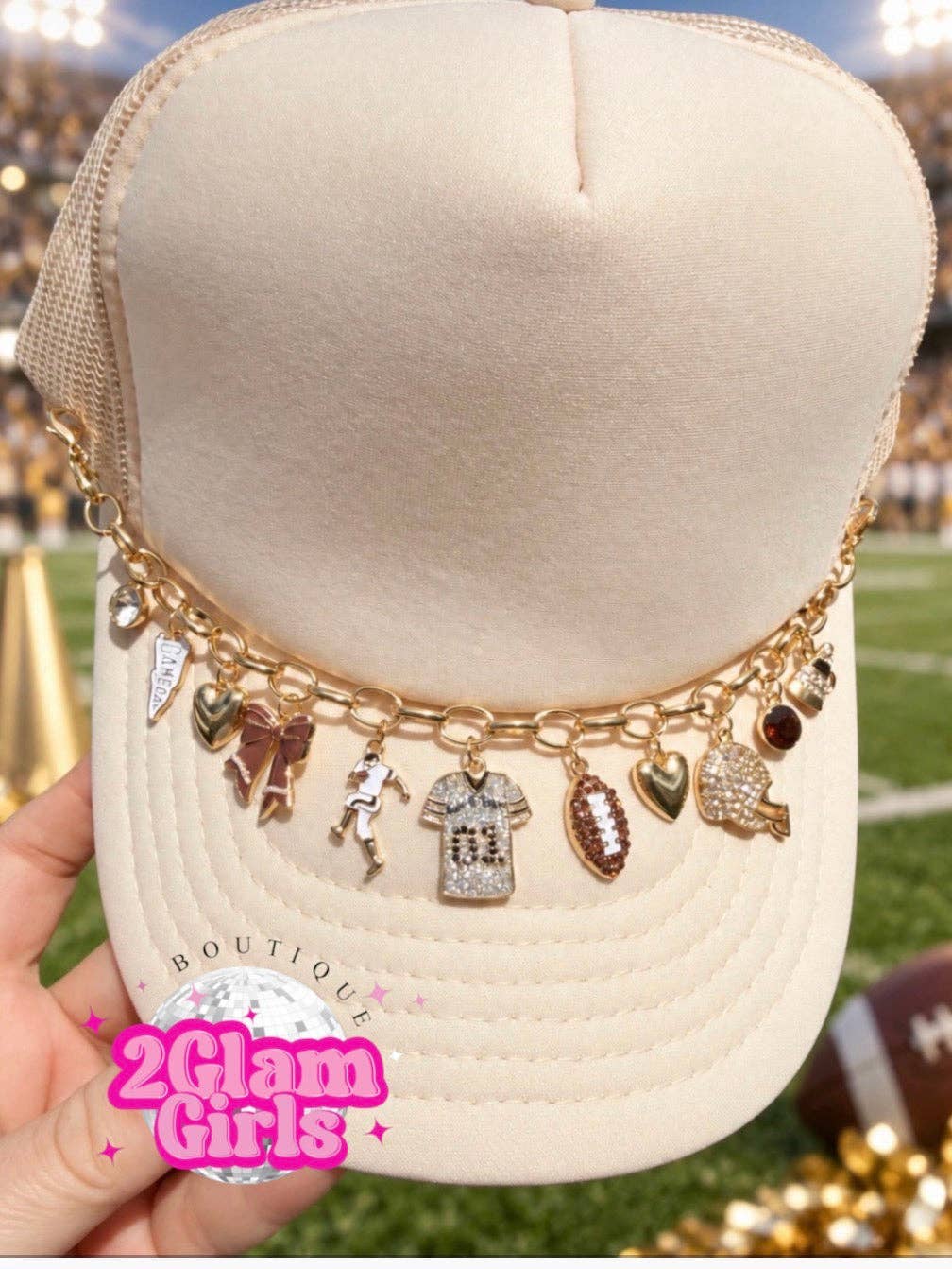 Exclusive gold plated football hat chain with charms