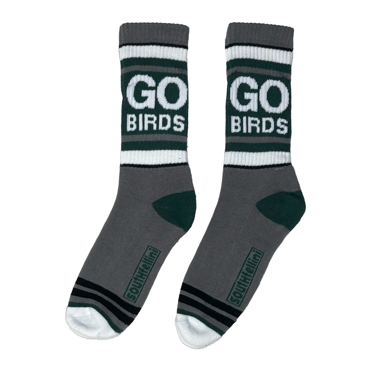 Go Birds crew socks in gray with a dark green and white GO BIRDS striped cuff, green heel and white toe