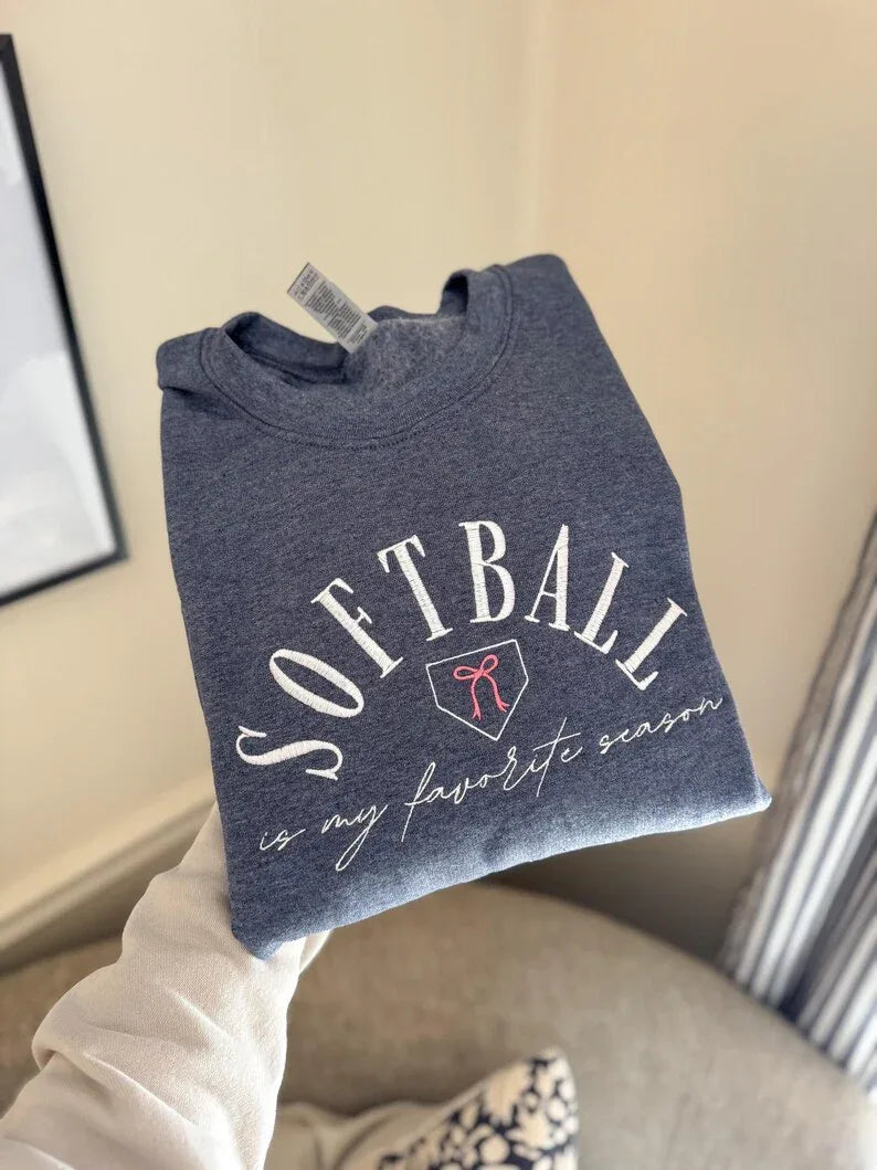 Softball Is My Favorite Season — Embroidered Crewneck Sweatshirt
