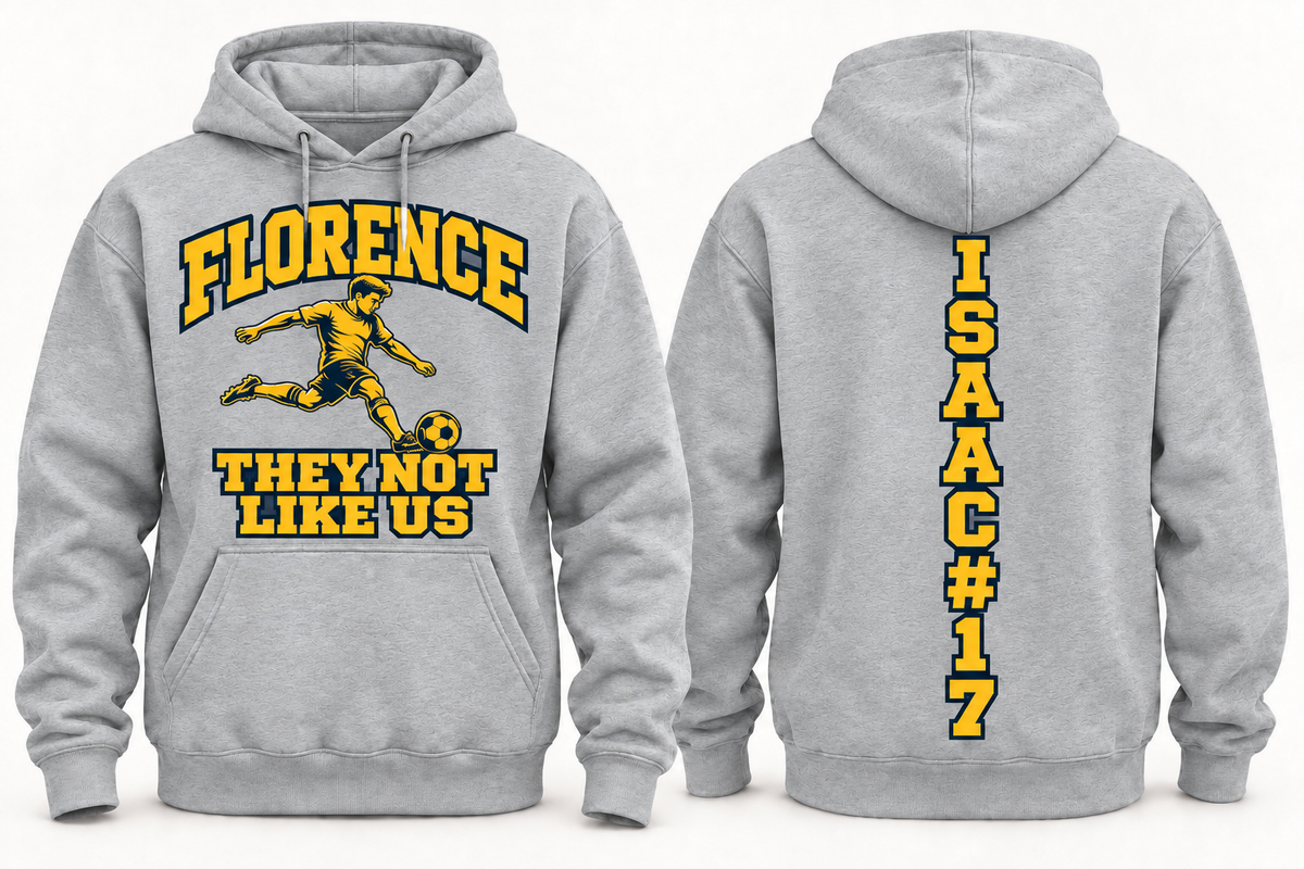 Florence They Not Like Us soccer hoodie in heather grey, front and back with sample name and number