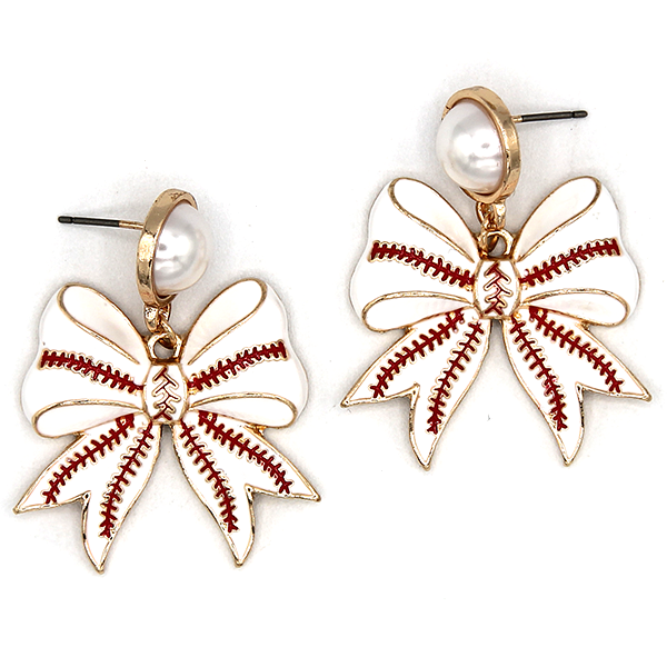 Enamel Pearl Bow Baseball Drop Earrings -- White Gameday
