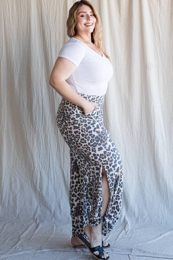 Plus Size- Leopard Print Side Slit Ankle Tie Pants - detail view | Bleacher Babe