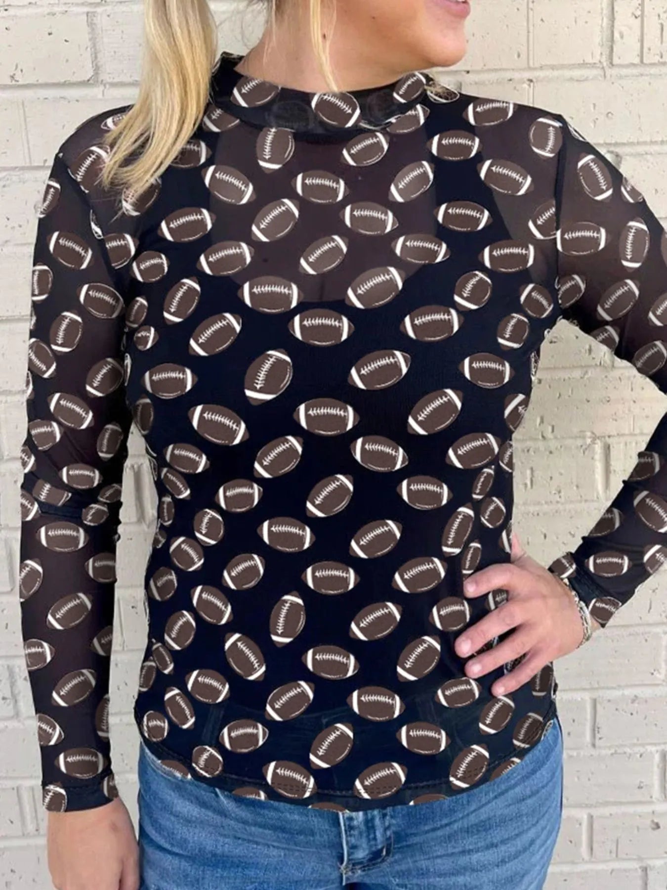 Game Day Football Print Long Sleeve Mesh Top -- Black