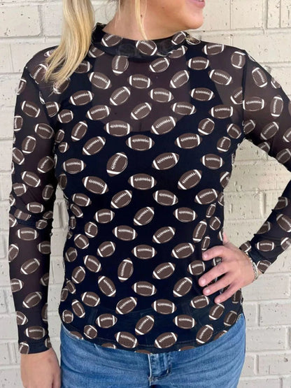 Game Day Football Print Long Sleeve Mesh Top -- Black