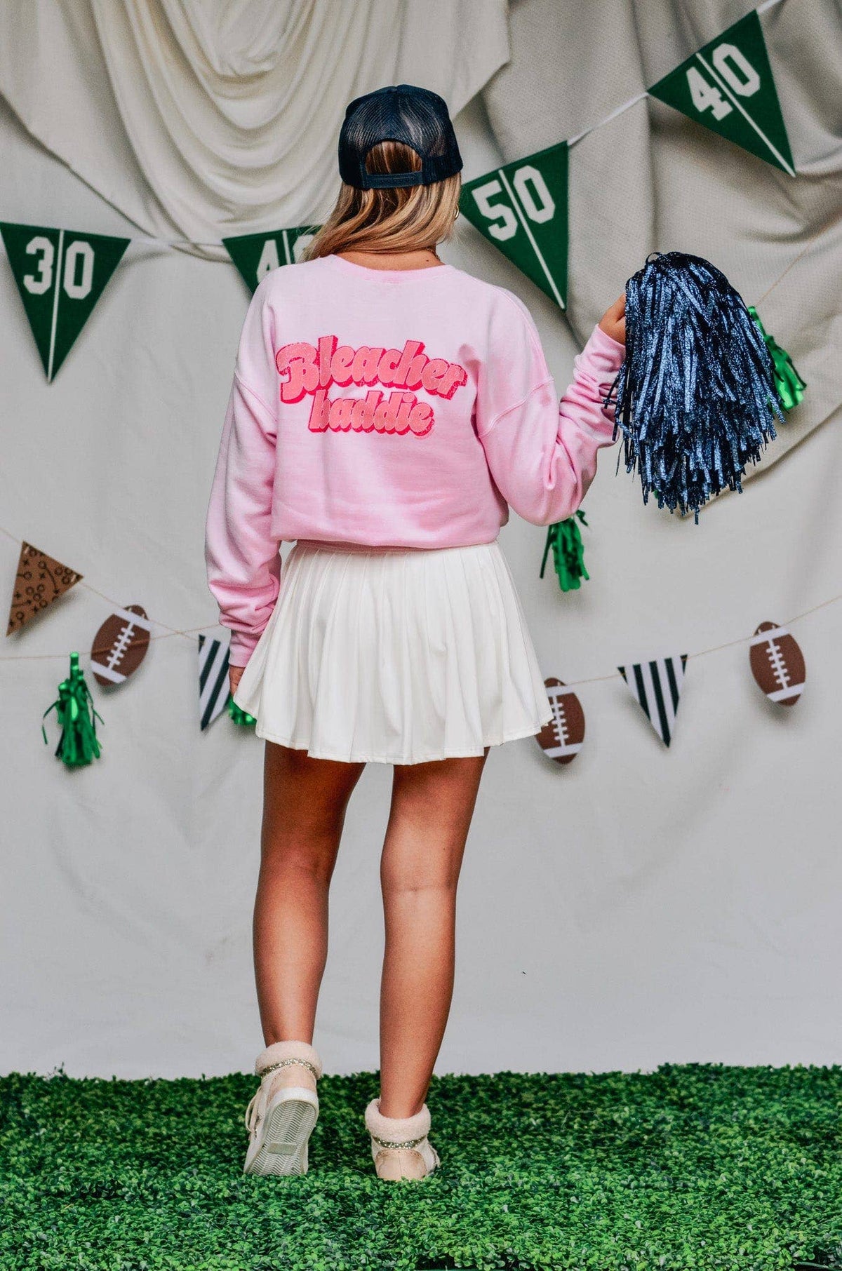Light pink Bleacher Baddie game day sweatshirt detail