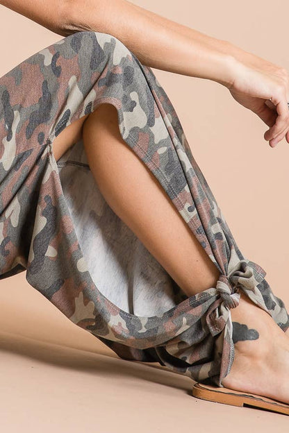 Camo Print Split Side Ankle Tie Women's Casual Pants - detail view | Bleacher Babe