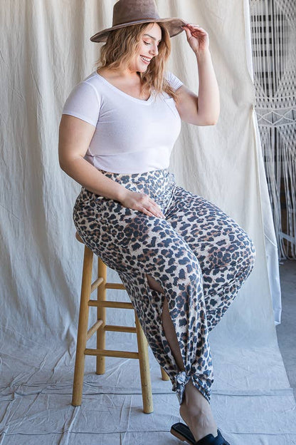 Plus Size- Leopard Print Side Slit Ankle Tie Pants - lifestyle photo | Bleacher Babe