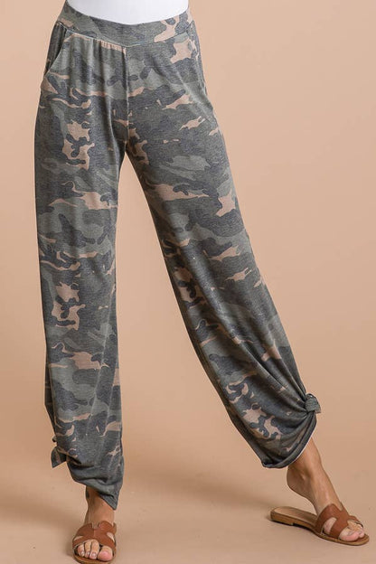 Camo Print Split Side Ankle Tie Women's Casual Pants - front view | Bleacher Babe