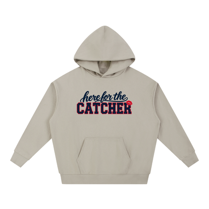 Here for the Catcher unisex hoodie in light gray, Philly baseball game day sweatshirt by Bleacher Babe
