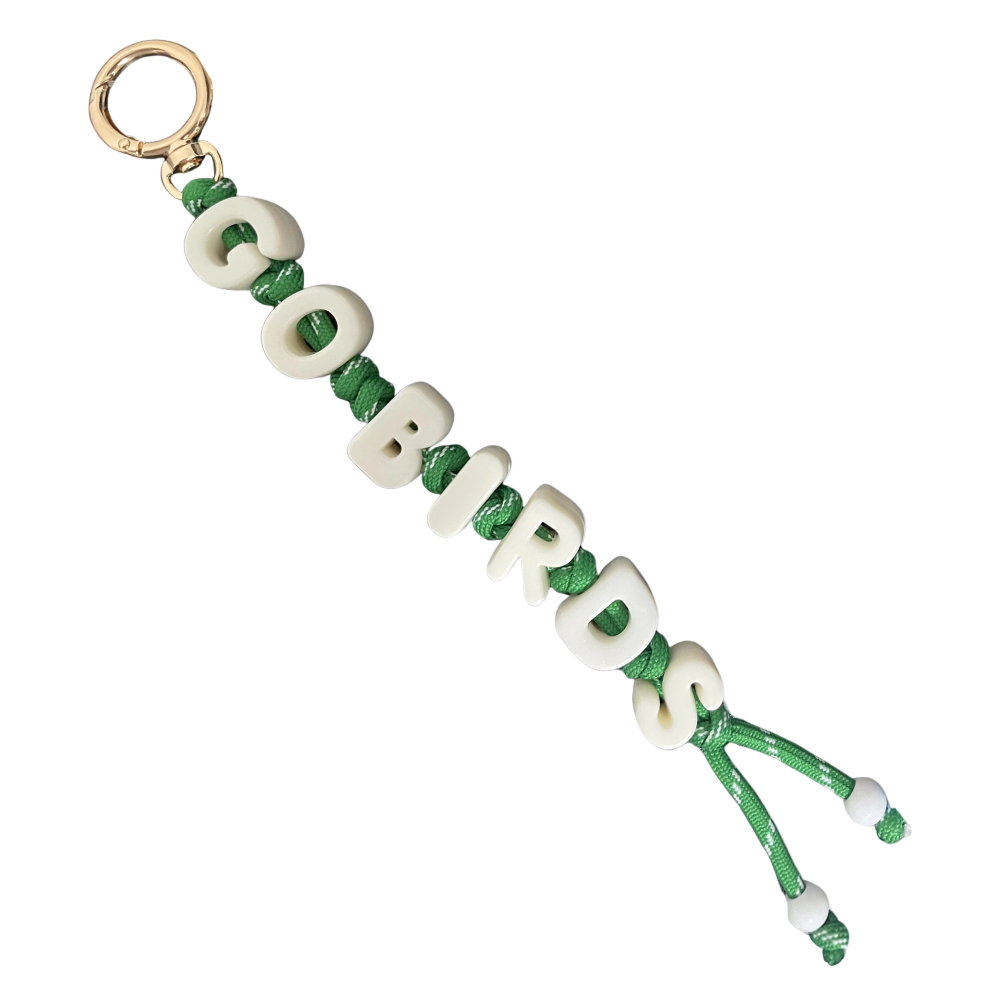 GO BIRDS beaded bag charm with green rope cord, cream letters and gold clasp