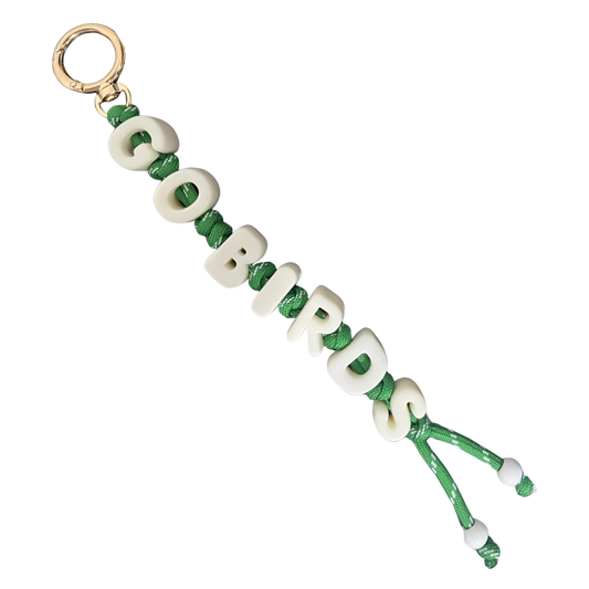 GO BIRDS beaded bag charm with green rope cord, cream letters and gold clasp