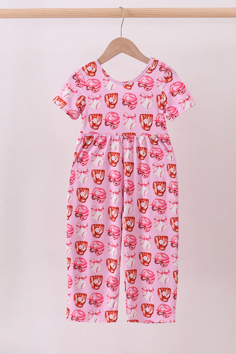 Pink Bow Baseball Bamboo Jumpsuit — Soft Baby Romper for Little Baseball Fans