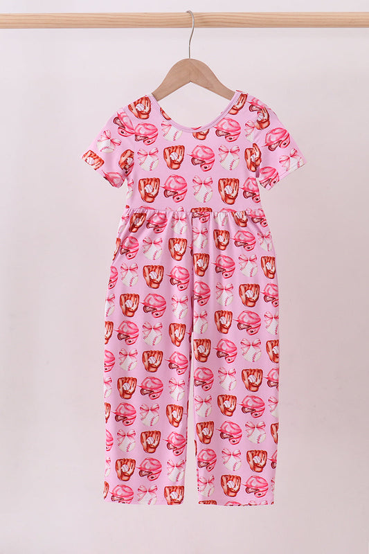 Pink Bow Baseball Bamboo Jumpsuit — Soft Baby Romper for Little Baseball Fans