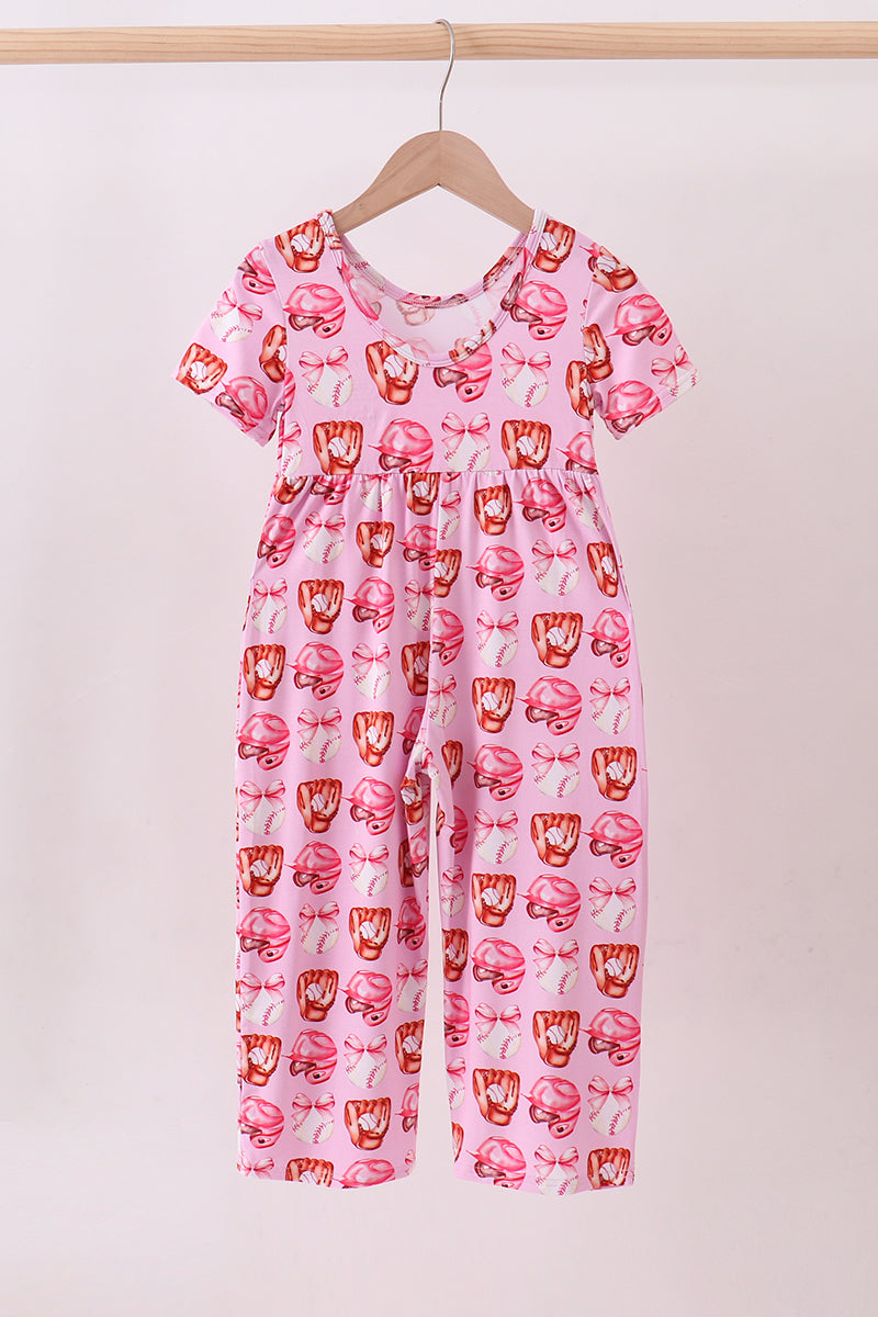 Pink Bow Baseball Bamboo Jumpsuit — Soft Baby Romper for Little Baseball Fans