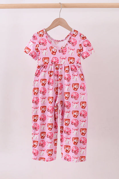 Pink Bow Baseball Bamboo Jumpsuit — Soft Baby Romper for Little Baseball Fans