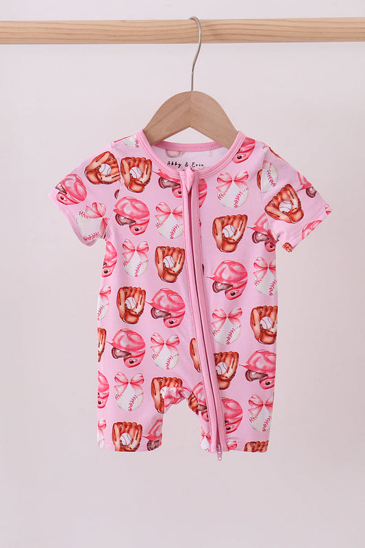 Pink Bow Baseball Bamboo Romper for Baby Girls