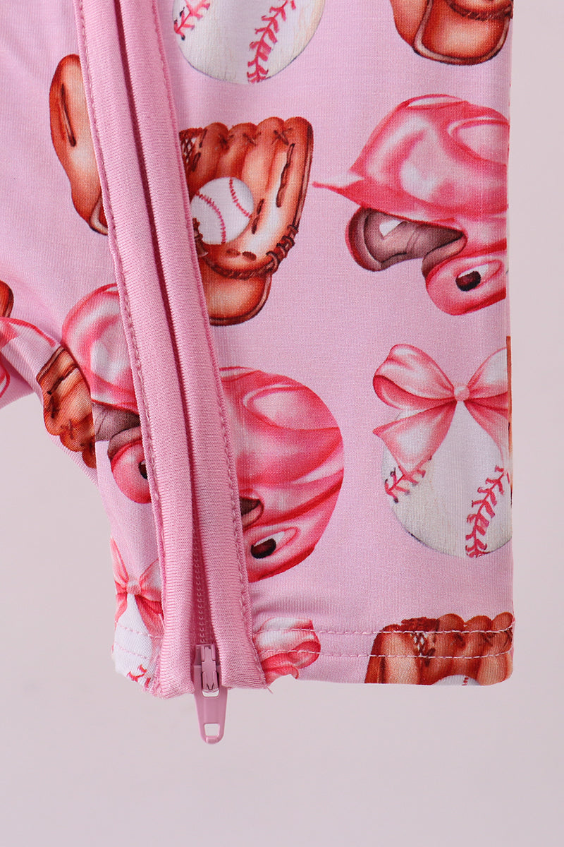 Pink Bow Baseball Bamboo Romper for Baby Girls