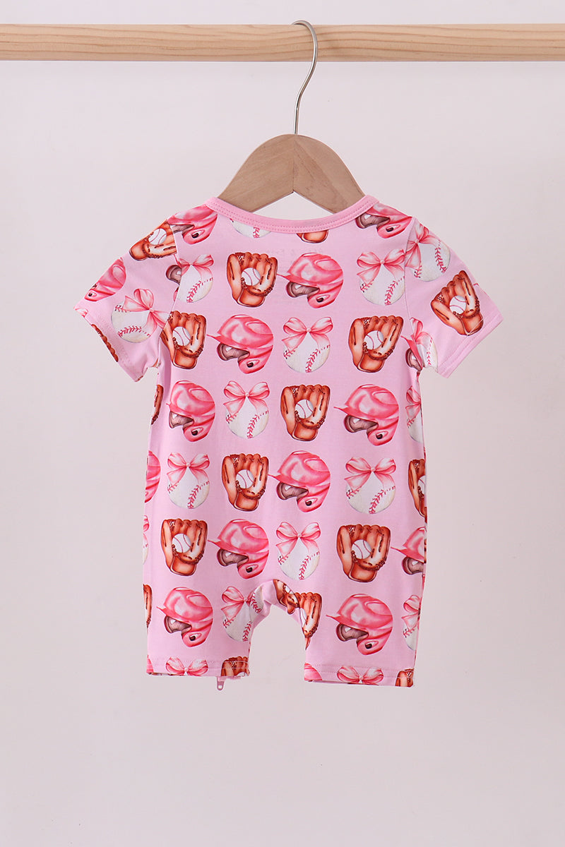 Pink Bow Baseball Bamboo Romper for Baby Girls