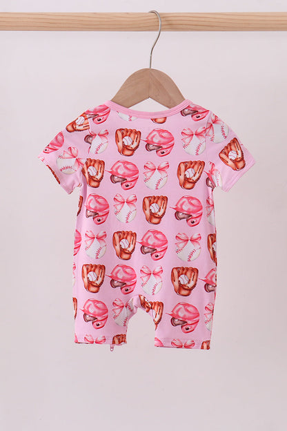 Pink Bow Baseball Bamboo Romper for Baby Girls