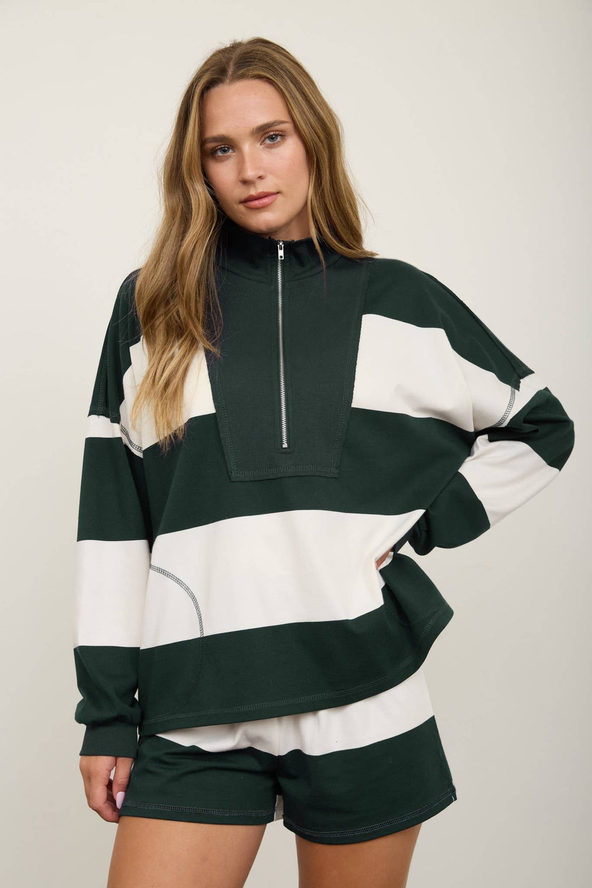 Babe in Stripes Half Zip Knit Top, womens wide stripe mock neck sweater for game day, view 2