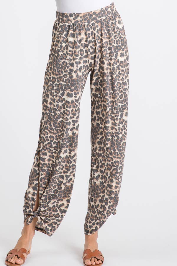Leopard Print Lightweight Split Side Ankle Tie Pants - front view | Bleacher Babe
