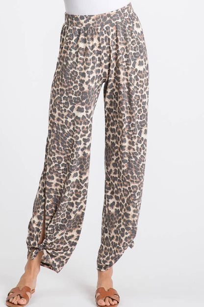 Leopard Print Lightweight Split Side Ankle Tie Pants - front view | Bleacher Babe