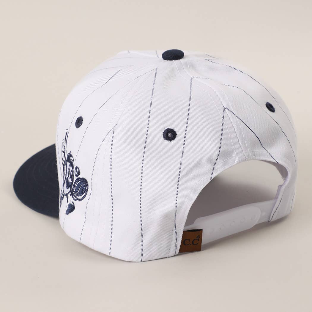 Take Me Out to the Ballgame Pinstripe Trucker Hat - close-up detail | Bleacher Babe