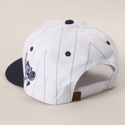 Take Me Out to the Ballgame Pinstripe Trucker Hat - close-up detail | Bleacher Babe