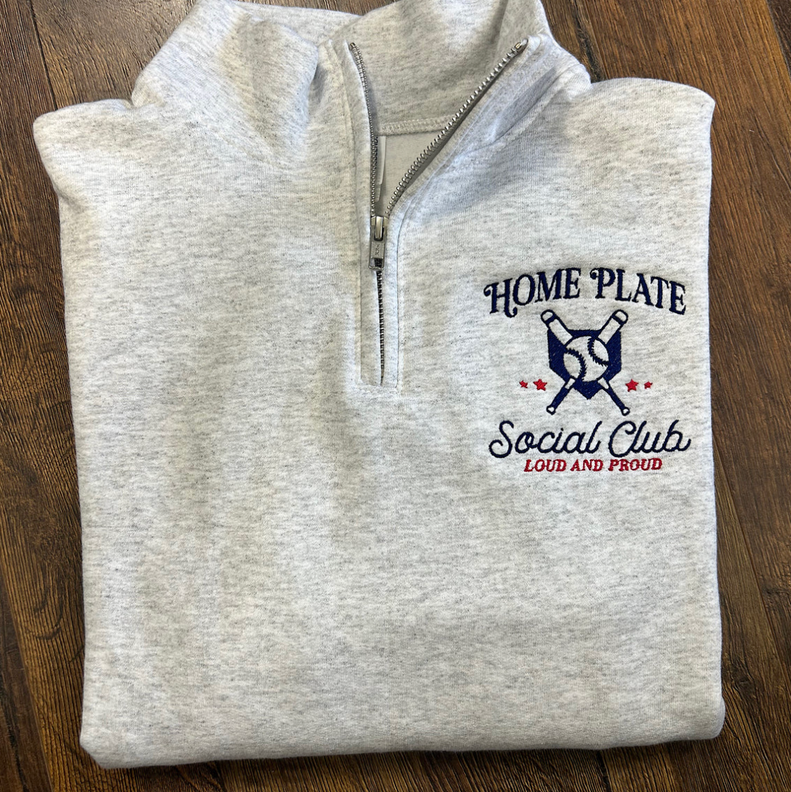 Heather gray Home Plate Social Club embroidered quarter zip baseball mom pullover