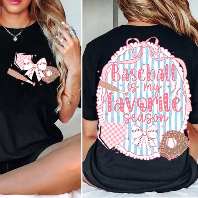 Baseball Is My Favorite Season graphic sweatshirt in black – front and back lifestyle photo showing DTG baseball bow print