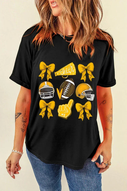 Game Day Rugby Tee: White Cheer Helmet & Bow Graphic T-Shirt