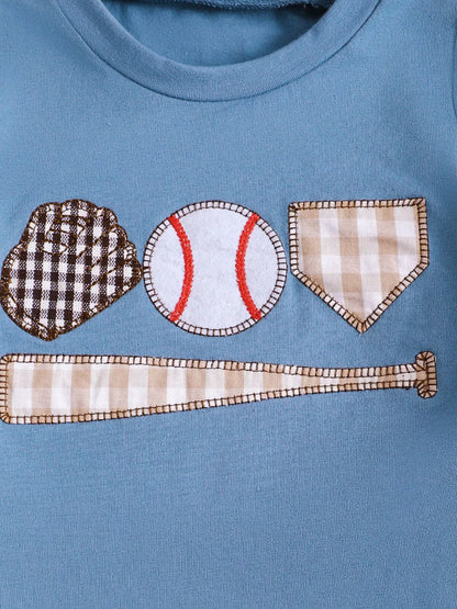 Children's Baseball Round Neck Top and Plaid Shorts Set
