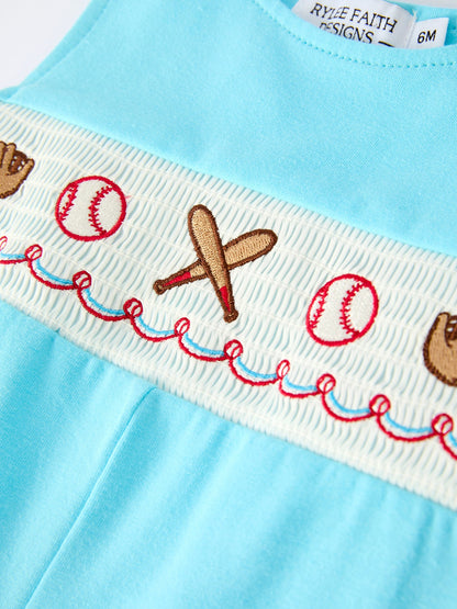 Baby Boy Baseball Romper – Blue Sleeveless Sports Outfit with Embroidery