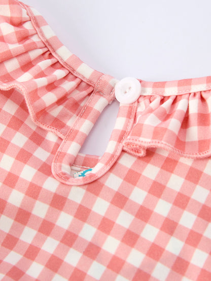 Baseball Embroidery Smocked Ruffle Plaid Girl Dress