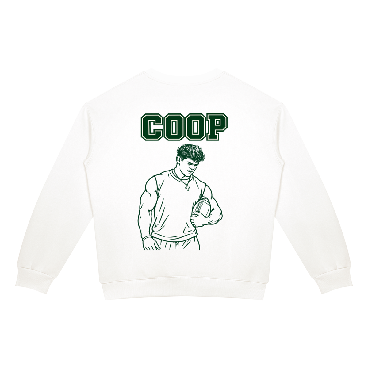 Emotionally Invested crewneck in white, back with COOP and a sketched football player