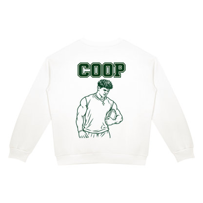 Emotionally Invested crewneck in white, back with COOP and a sketched football player