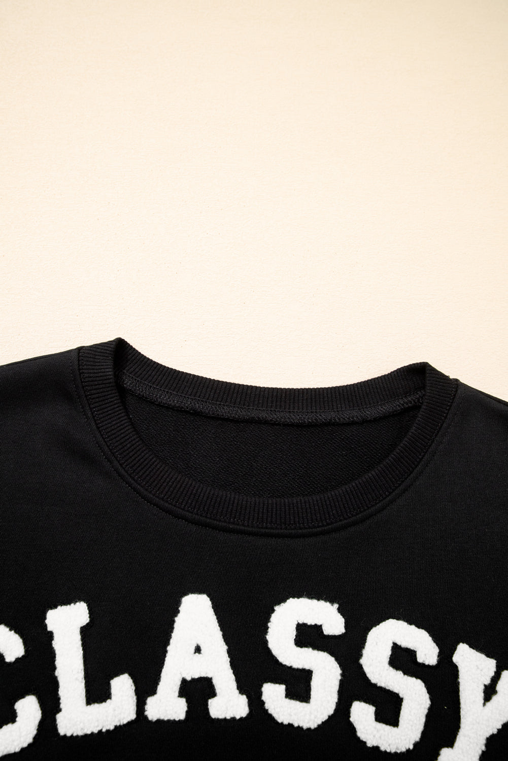 Classy Until Kickoff -- Plush Letter Patch Loose Sweatshirt in Black