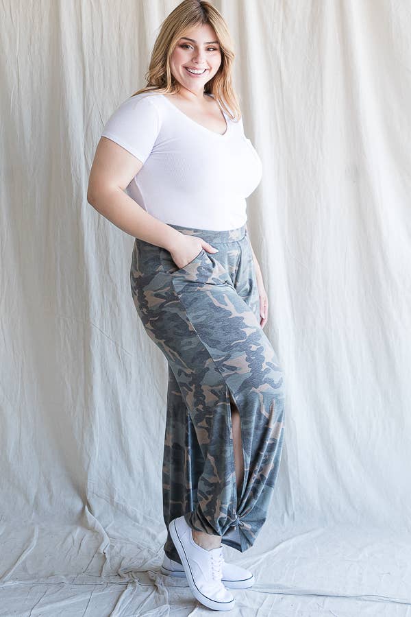 Camo Print Plus-Size Women's Pants - detail view | Bleacher Babe