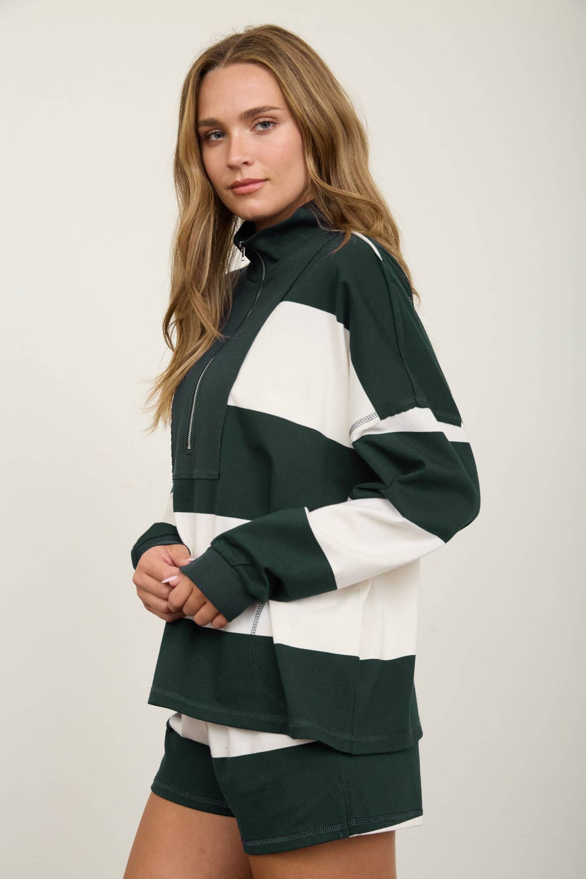 Babe in Stripes Half Zip Knit Top, womens wide stripe mock neck sweater for game day, view 18