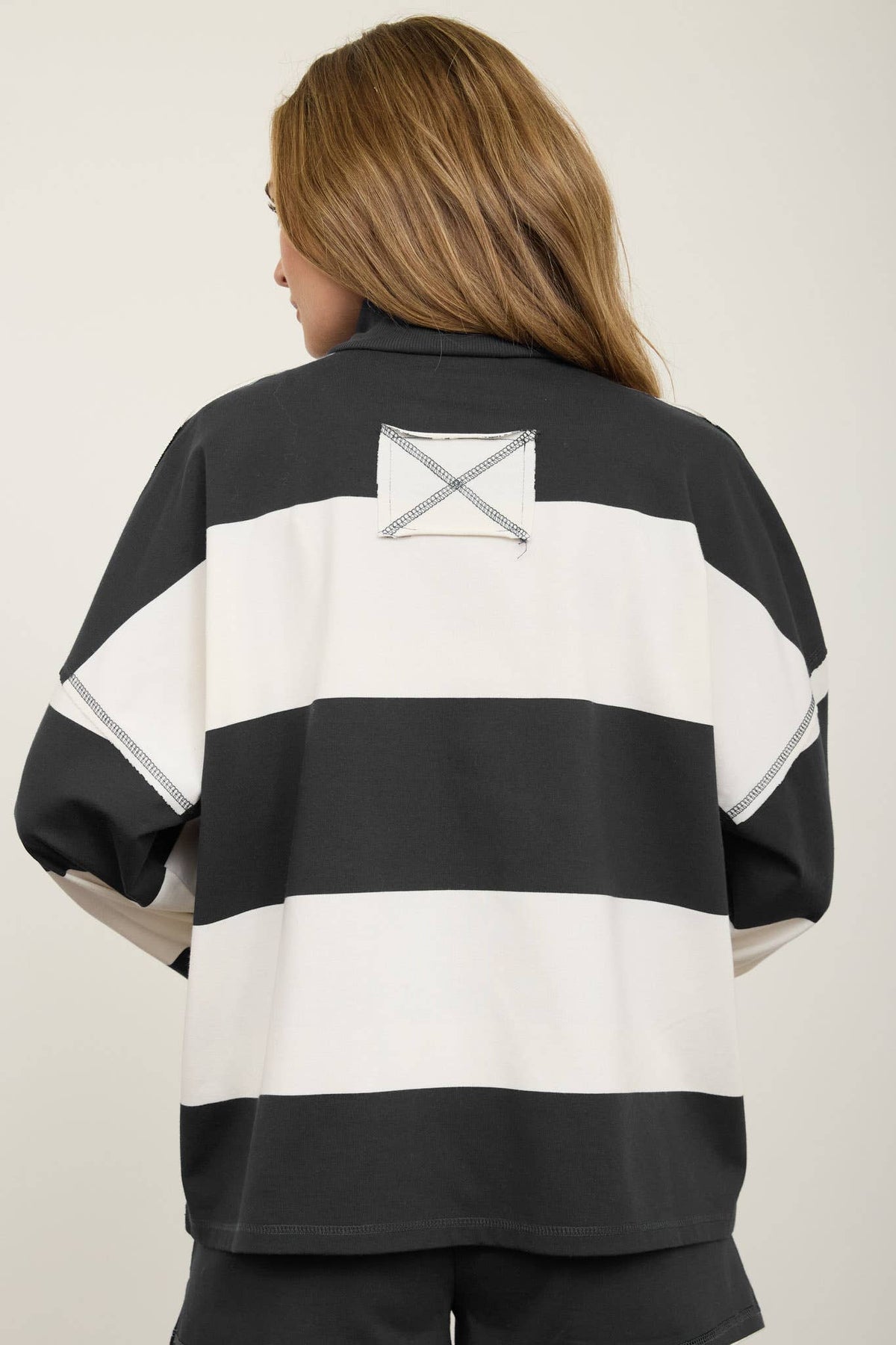 Babe in Stripes Half Zip Knit Top, womens wide stripe mock neck sweater for game day, view 14