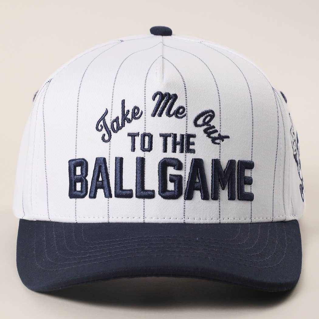Take Me Out to the Ballgame Pinstripe Trucker Hat - front view | Bleacher Babe