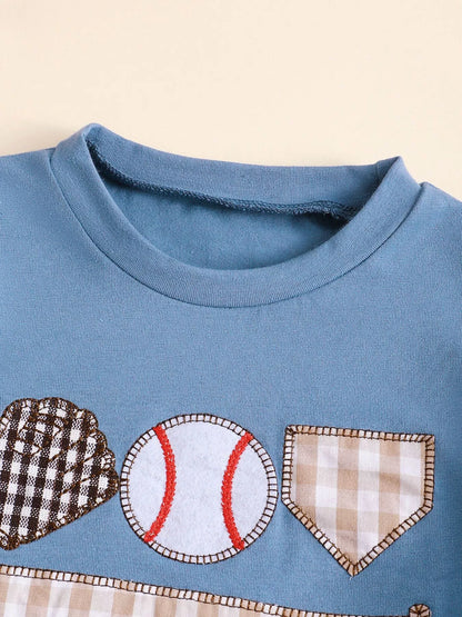 Children's Baseball Round Neck Top and Plaid Shorts Set