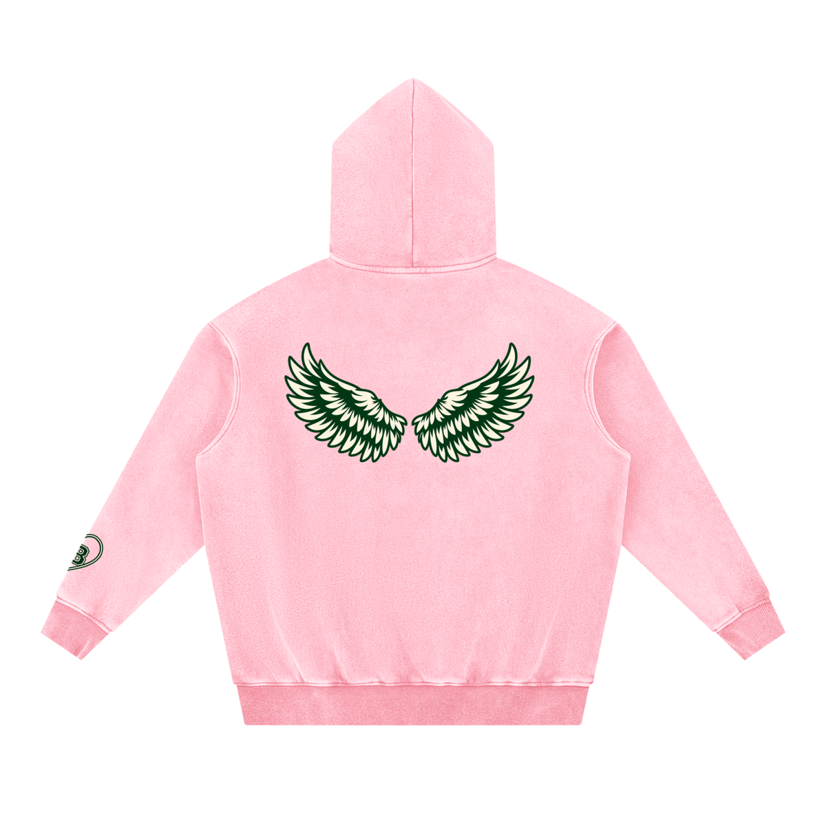 Bird Gang hoodie in pink, back with green wings print