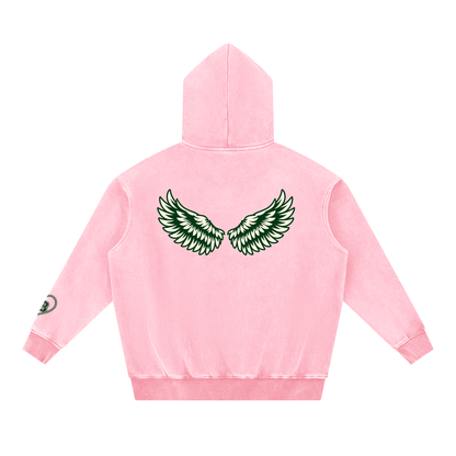 Bird Gang hoodie in pink, back with green wings print